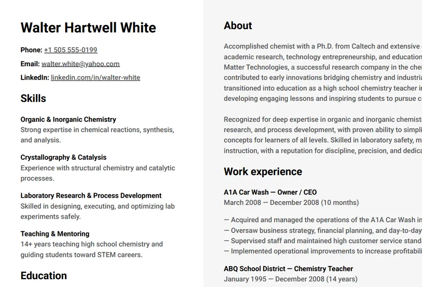 Walter Hartwell White resume