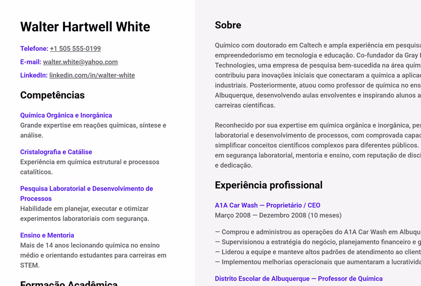 Currículo de Walter Hartwell White